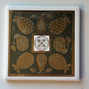 Vintage H&R Johnson England Tile Mid Century Fruit Gold Green Ceramic 4”